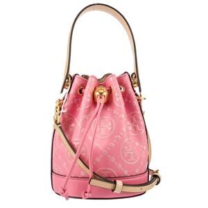 Tory Burch T Monogram Contrast Embossed Mini Bucket Rose‎ Pink, New without Tags